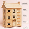 The Grand Natural Wood Doll House features detailed windows, shutters, and a door. Crafted from sustainable wood, it includes removable chimneys and opening windows for imaginative play. Light wood with decorative trim adds charm.