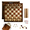 A top-down view of a wooden chessboard set for play, part of the Heirloom Edition: 7-in-1 (Chess, Checkers, Backgammon, Cribbage, Poker Dice, Cards & Dominoes), featuring a walnut cabinet and storage for all included classic games.