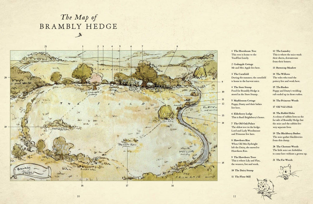 A Visit to Brambly Hedge by Jill Barklem features a hand-drawn, colored map with hills, trees, winding paths, buildings, and landmarks. A legend lists locations, and small corner sketches add charm—perfect for fans of the beloved stories.