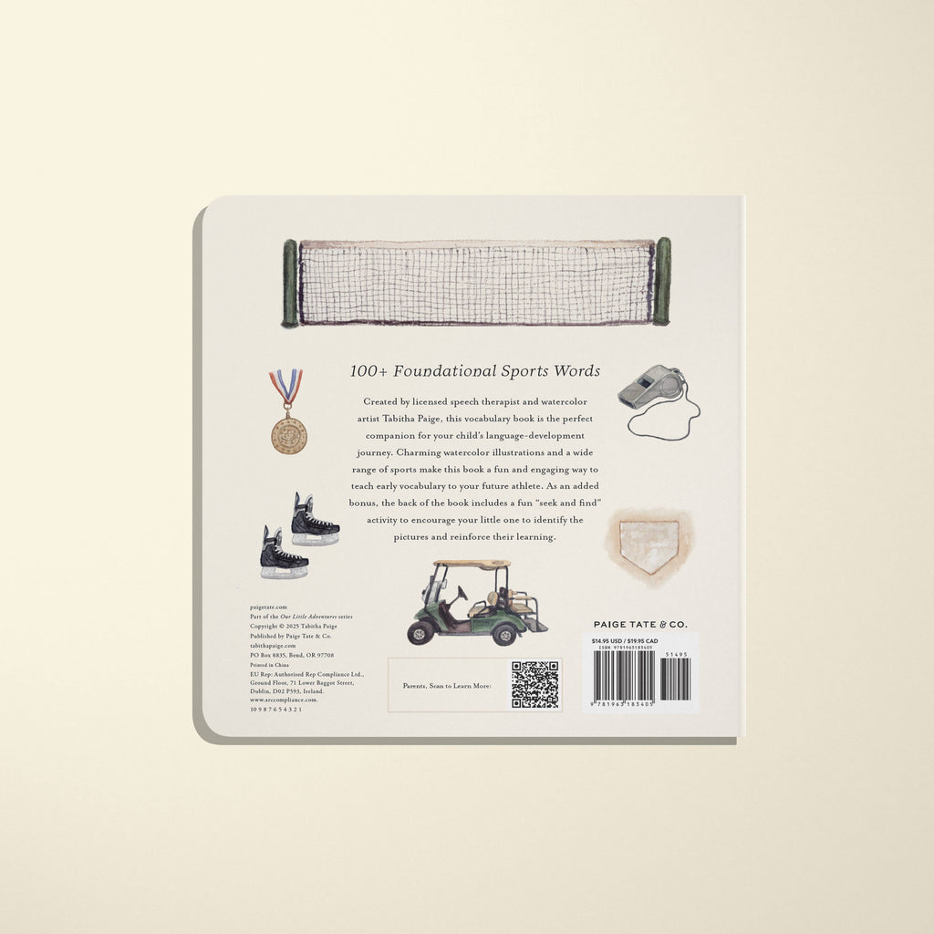 The back cover of Our Big Book of Sports: A Collection of 100+ Sports Words features hand-drawn sports gear illustrations and a QR code. Engaging text introduces key sports vocabulary to preschoolers.