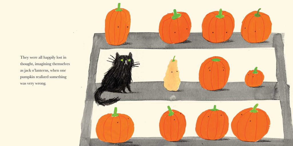 A black cat and a small squash sit among pumpkins on wooden shelves, inspired by Stumpkin by Lucy Ruth Cummins, where one stemless jack-o’-lantern sensed something was very wrong.