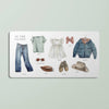 A spread from Our Big Book of First Words shows illustrated clothing—pants, shirt, belt, sunglasses, dress, shoes, bow, jacket, and hat—each labeled on a white background to help little ones learn their first words.