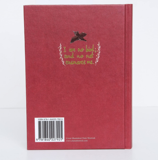 The Jane Eyre | Brontë | Collector's Edition | Hardcover is displayed upright with its red back cover visible, featuring a small bird and gold-embossed text: “I am no bird; and no net ensnares me.”.
