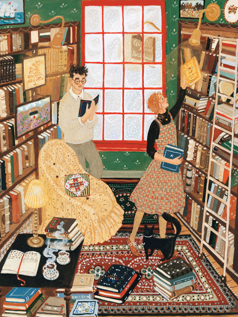 Two people browse books in a colorful library with tall shelves—a cozy scene with scattered books, a cat, and a yellow armchair lit by a lamp. Perfect for the Quill and Parchment - 1000 Piece Jigsaw Puzzle.