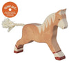 A handcrafted Holztiger Horse, Running, Light Brown made of maple and beech wood, featuring natural finishes and white accents, including a painted mane and tail. One leg is raised as if trotting. In the top left corner, there is a circular "spiel gut" recommendation badge in orange with white text.