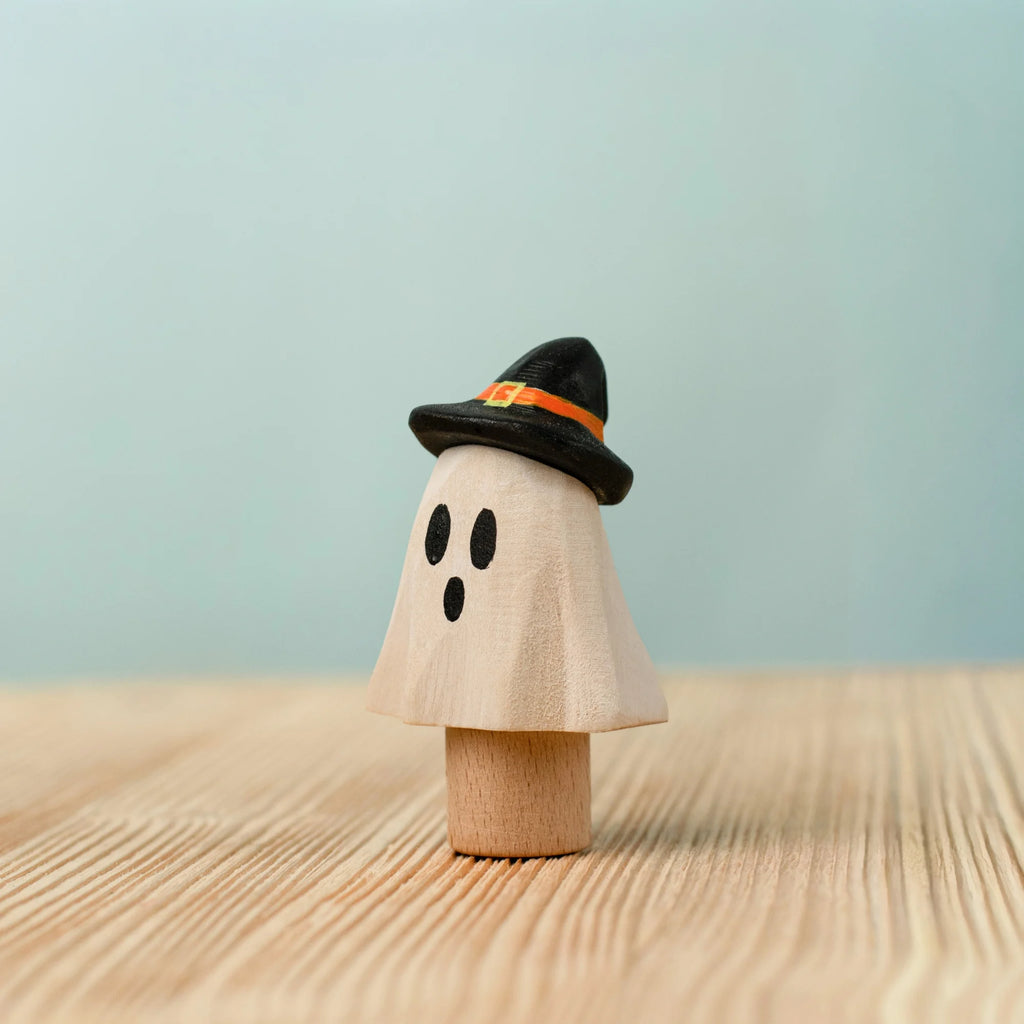 Bumbu Handmade Wooden Ghost Wizard, a whimsical Montessori ghost figurine wearing a black witch hat with an orange band.