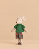 A Maileg Grandma’s China Cabinet Set featuring a Grandma Mouse fabric toy wearing a green sweater and plaid shorts.
