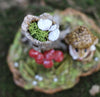 A close-up of Wee Forest Folk Tiny Collectible - My Happy Place (Not a Toy), shows a whimsical, hand-sculpted scene with a hollow mossy tree stump, white stones, red berries, and a tiny figure in a brown hat on a green textured base.