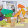 A book featuring a photograph of a lion is open in the background. In the foreground, colorful geometric shapes from Grimm's Rainbow Lion Building Set and natural wood animal figures are arranged creatively. A small branch with lichen is also in the arrangement, with a yellow cloth draped underneath.