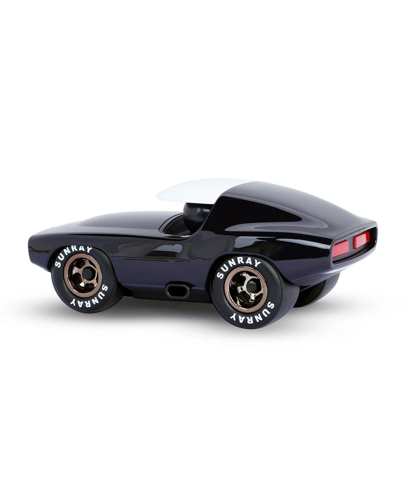 The Playforever Leadbelly Skeeter Car in Black features a futuristic, aerodynamic design with large wheels labeled "SUNRAY," tinted windows, and two bold red rear lights. It's part of the Verve collection.
