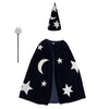 The Meri Meri Blue Velvet Wizard Costume - Final Sale includes a blue velvet cape with silver glitter stars and a crescent moon, a matching pointed hat, and a star-tipped wand, shown on a white background.