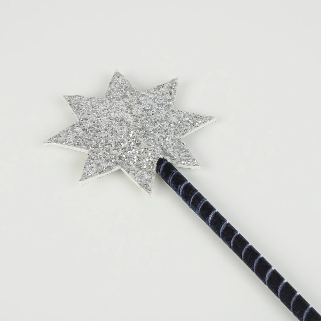 A silver, glittery star wand with a dark handle featuring a spiral white stripe, ideal for finishing the Meri Meri Blue Velvet Wizard Costume – Final Sale, displayed on a plain white background.