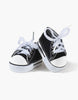 A pair of Minikane Doll Shoes | Converse Style Black Sneakers with white laces are placed side by side on a plain white background.