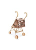 Konges Sloejd Sparkly Doll Stroller - Cherry Sequin with double wheels, rose gold sequins, a cherry pattern, and a tan frame.