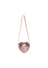 Pink heart-shaped Konges Sloejd Tut Kitty Shoulder Bag featuring a sequined illustration of a kitten sitting in a cocktail glass.
