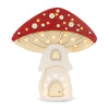 The Handmade Wooden Lamp - Mushroom House features a red cap with white spots, cream stem, windows, and doors. Crafted from natural pinewood, this LED lamp creates a magical children's night light with whimsical charm.