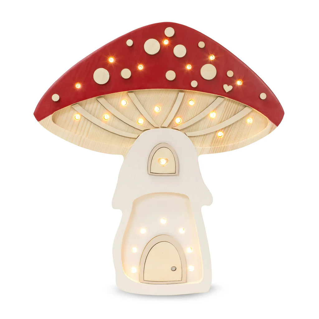 The Handmade Wooden Lamp - Mushroom House features a red cap with white spots, cream stem, windows, and doors. Crafted from natural pinewood, this LED lamp creates a magical children's night light with whimsical charm.
