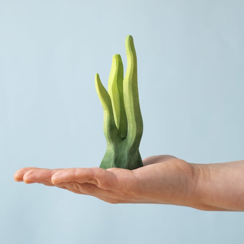 A hand holds a green, abstract object resembling elongated plant stems or fingers against a light blue background, evoking the style of the Bumbu Handmade Wooden Tropical Fish Set.