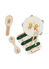 The Konges Sloejd Music Set - Green is a delightful kids’ instrument set with wooden musical toys—a maraca, xylophone, tambourine, and castanet—each decorated with playful yellow duckling music-themed illustrations.