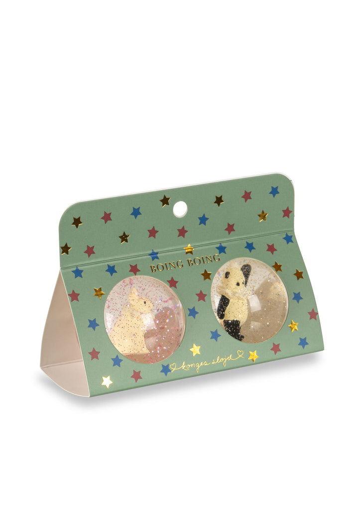 Konges Sloejd Glitter Bouncing Ball Set - Bunny & Panda featuring two clear balls with a glittery bunny and panda inside, packaged in a green star-patterned box labeled “BOING BOING.”