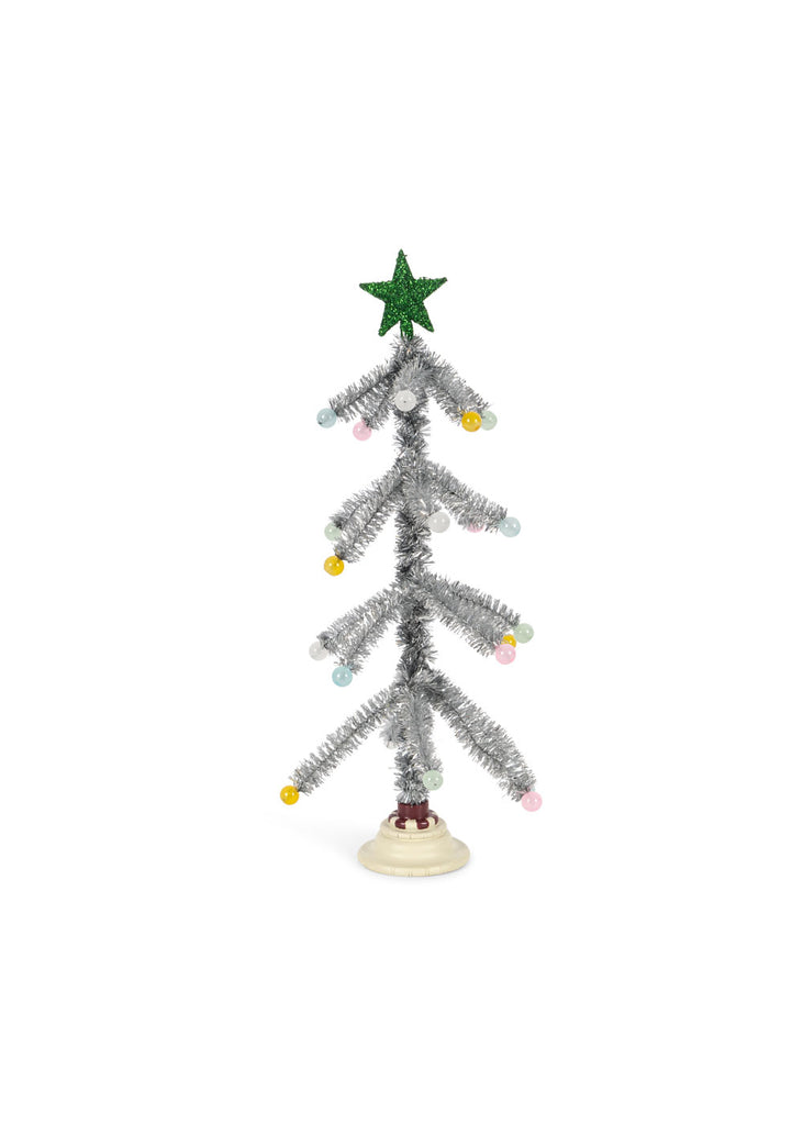 Konges Sloejd Christmas Door: a silver tinsel tree with colorful ball ornaments and a glittery green star topper on a round base.
