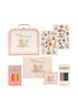 Konges Sloejd Little Artist Set - Kitty Friends cat-themed creative art kit featuring a coloring suitcase, two sheets of stickers, a coloring book, and boxes of markers, oil pastels, and colored pencils.