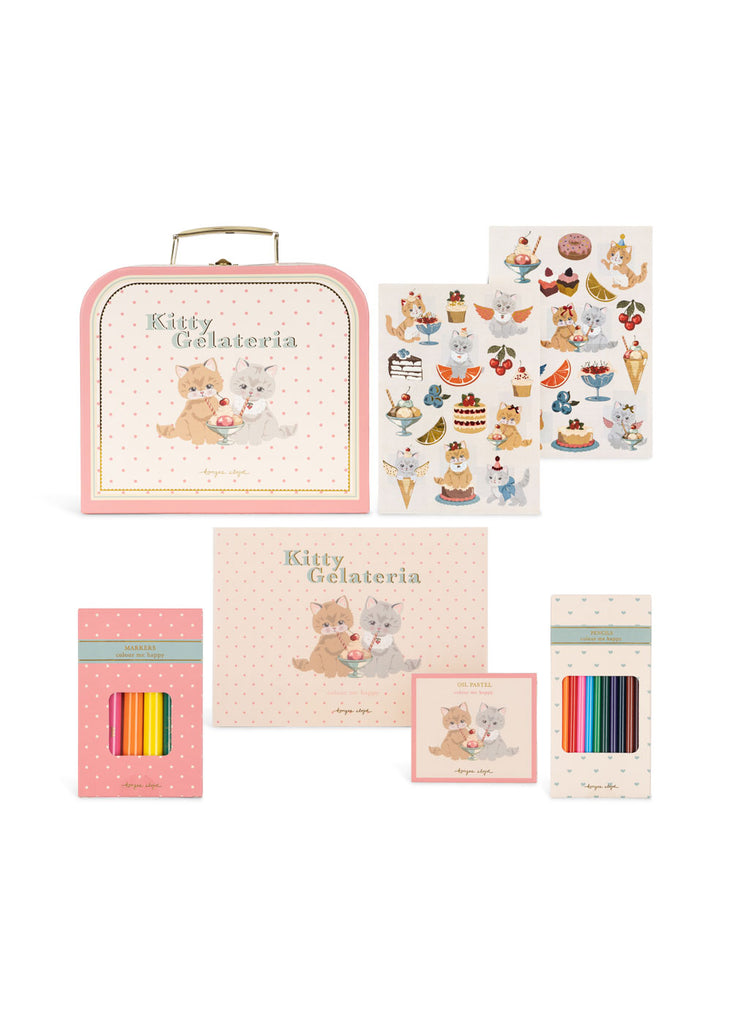 Konges Sloejd Little Artist Set - Kitty Friends cat-themed creative art kit featuring a coloring suitcase, two sheets of stickers, a coloring book, and boxes of markers, oil pastels, and colored pencils.