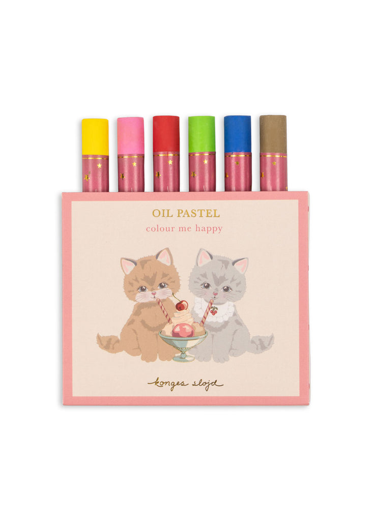 Konges Sloejd Little Artist Set - Kitty Friends coloring suitcase box containing six colorful oil pastels, featuring an illustration of two kittens sharing a sundae.