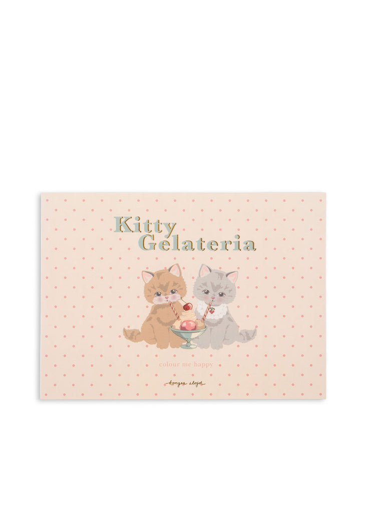 Konges Sloejd Little Artist Set - Kitty Friends rectangular coloring suitcase with a pink background, red polka dots, and a brown and grey kitten sharing ice cream under the text “Kitty Gelateria.”
