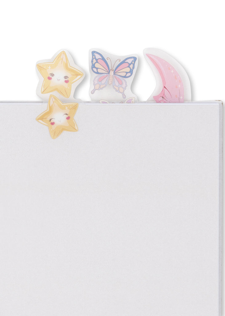 An A5 Konges Sloejd My Stationery Box - Unicorn notebook with transparent adhesive bookmarks in the shapes of a star, butterfly, and crescent moon attached to the top edge.
