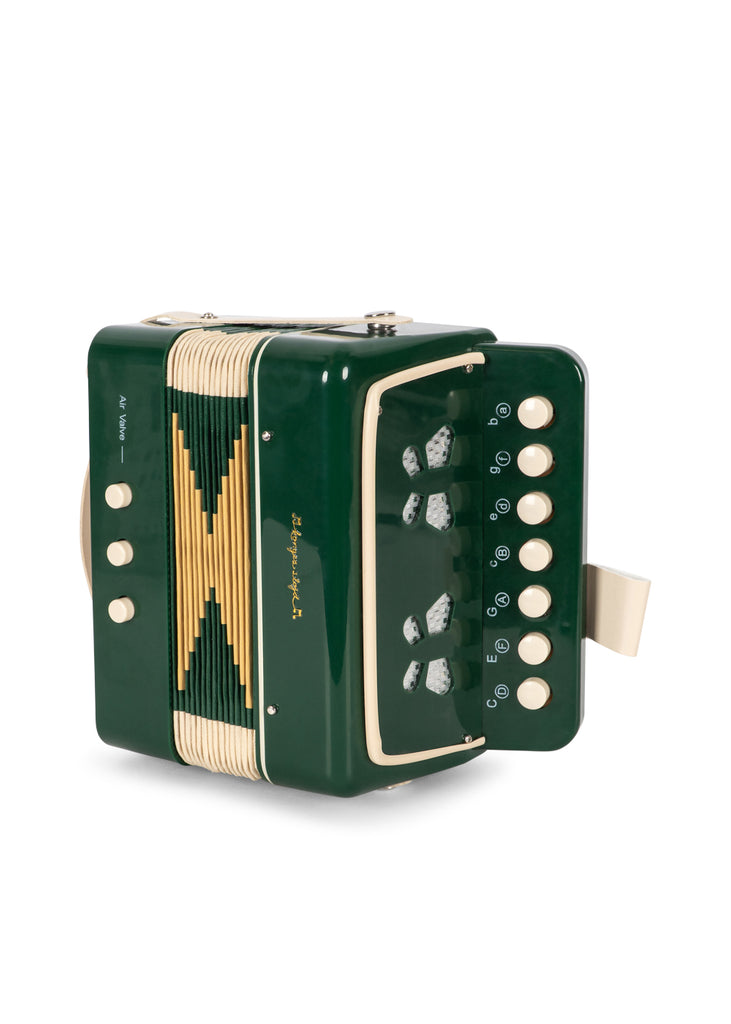 Dark green Konges Sloejd Accordian for kids featuring cream buttons and a pleated bellows.
