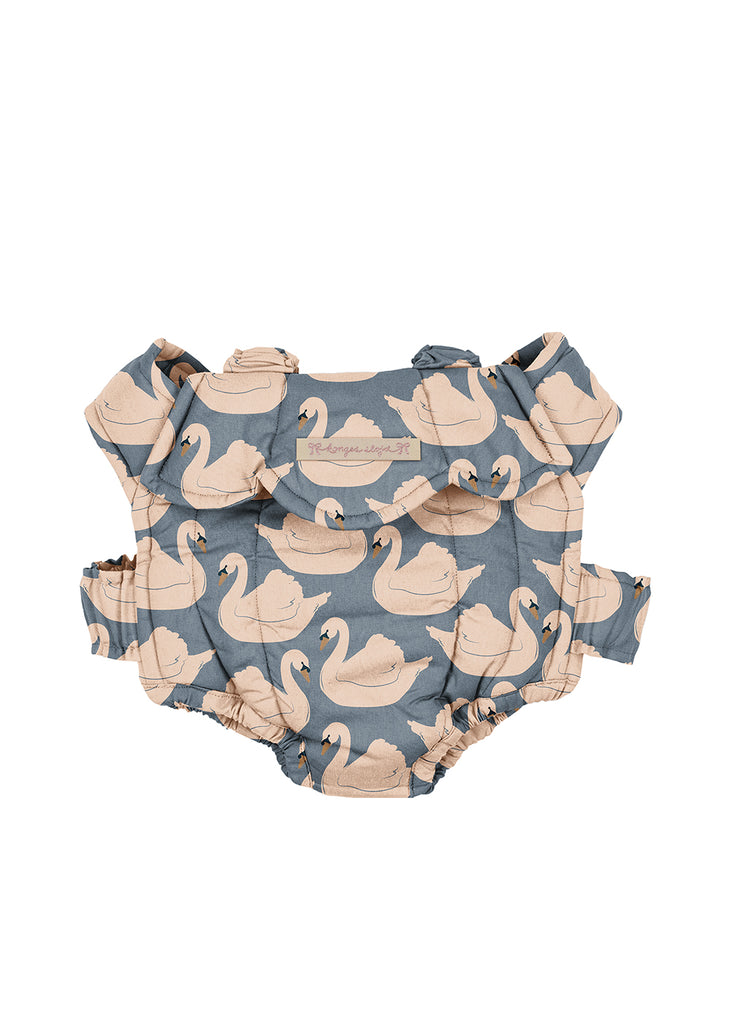 Konges Sloejd Doll Carrier - Swan in a blue-grey quilted fabric patterned with pink swans.