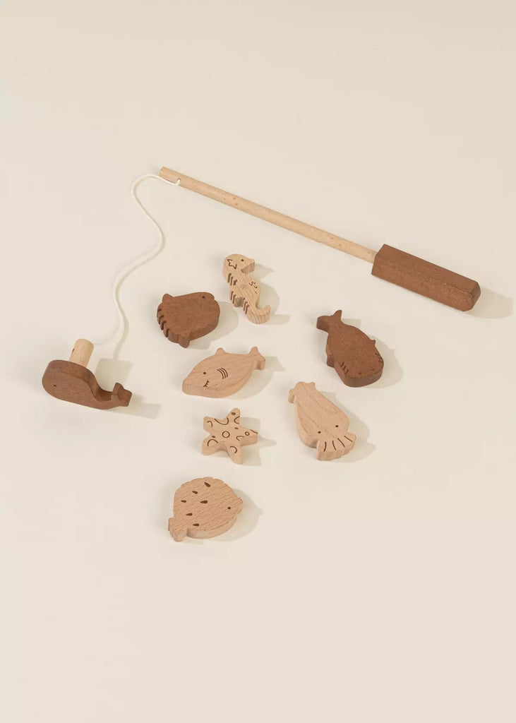 The Wooden Fishing Game with Bag includes a rod, string, and sea animal pieces like a whale, fish, and octopus—ideal for encouraging cognitive development through play.