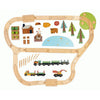 Illustration of a Wild Pines Train Set playset including tracks arranged in an oval shape, a train with three cars, trees, animals, a pond, and a house.