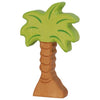 A brightly colored Holztiger Palm Tree featuring a green canopy with stylized leaves and a brown textured trunk. Made in Europe, this handcrafted wood toy boasts a simplistic and cartoon-like design, making it perfect for children's play. Part of the HOLZTIGER figures collection.
