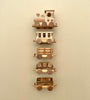 A vertical display of various Handmade Wooden Train - Extra Long components arranged on a light beige background, showcasing different car designs including engines and passenger cars.