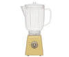 An image of a Maileg Miniature Blender featuring a transparent pitcher with a lid and handle. The base is a light yellow color with a single square button in the center, giving it a vintage appearance. Perfect for children's toy collections or pretend play, the blender is set against a white background.
