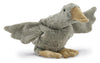 A Senger Naturwelt Cuddly Animal - Grey Goose, resembling a grey bird with outstretched wings and an orange beak, positioned as if in mid-flight, against a plain white background.